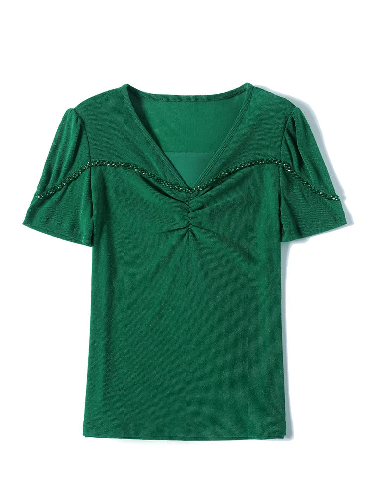 Summer Shinning Mesh T Shirts Women's Short Sleeve Beading V Neck Tees Buttons Folds Slim Tshirt For Female
