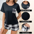 Two piece women's pajama round neck short sleeved T-shirt and checkered bow front shorts casual home pajama set