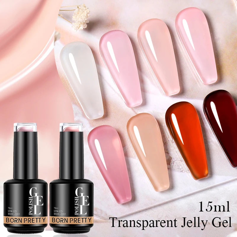 BORN PRETTY Jelly Nude Gel Nail Polish 15ml Translucent Semi Permanent Soak Off UV LED Gel Varnish Nail Art Manicure Base Top