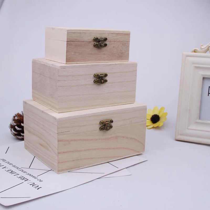 1/3pcs Log Color Scotch Plain Wood Wooden Square Hinged Storage  Boxes Craft Gift Box Handmade Case Box Storage Organization