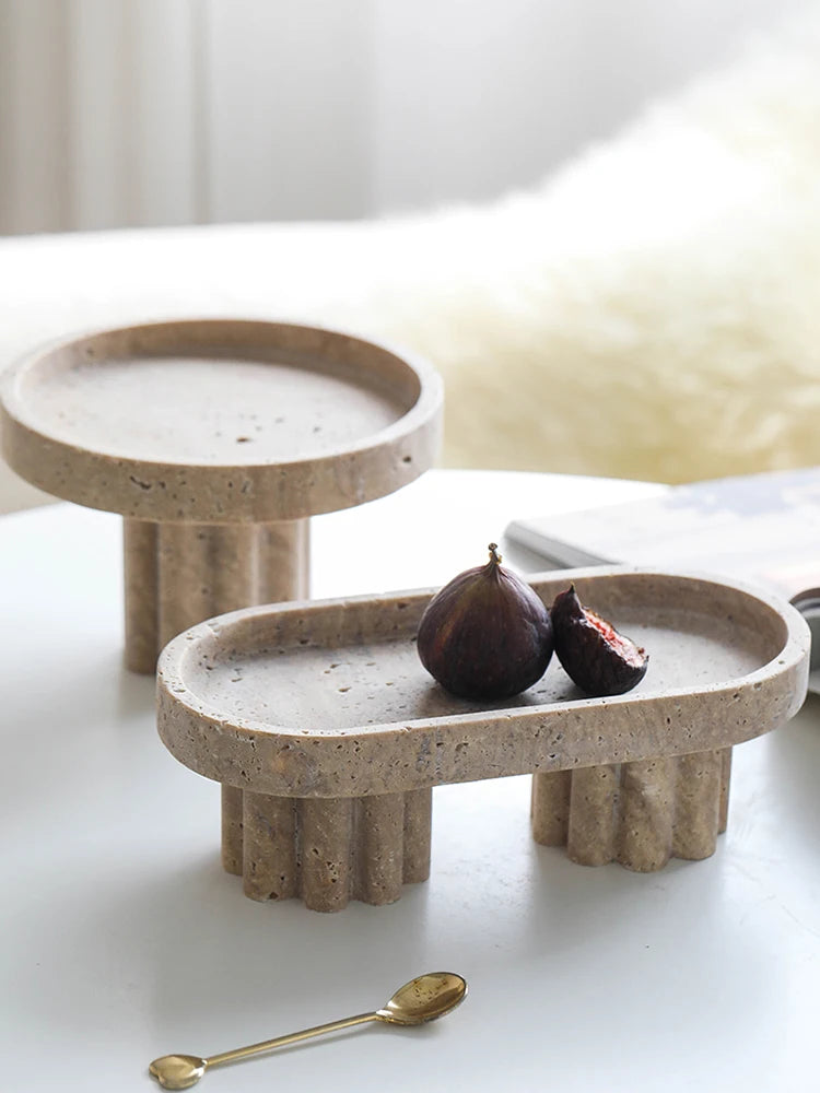 Luxury Marble Serving Tray with Legs, Decorative Travertine Dish for Coffee Table Decor, Stone Vanity Tray for Perfume Candles