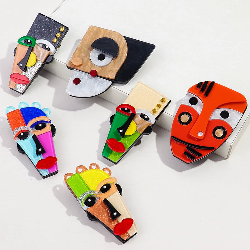 FishSheep Abstract Acrylic Geometric Face Figure Brooches for Women Handmade Big Multicolor Irregular Feature Brooch Pins Gifts