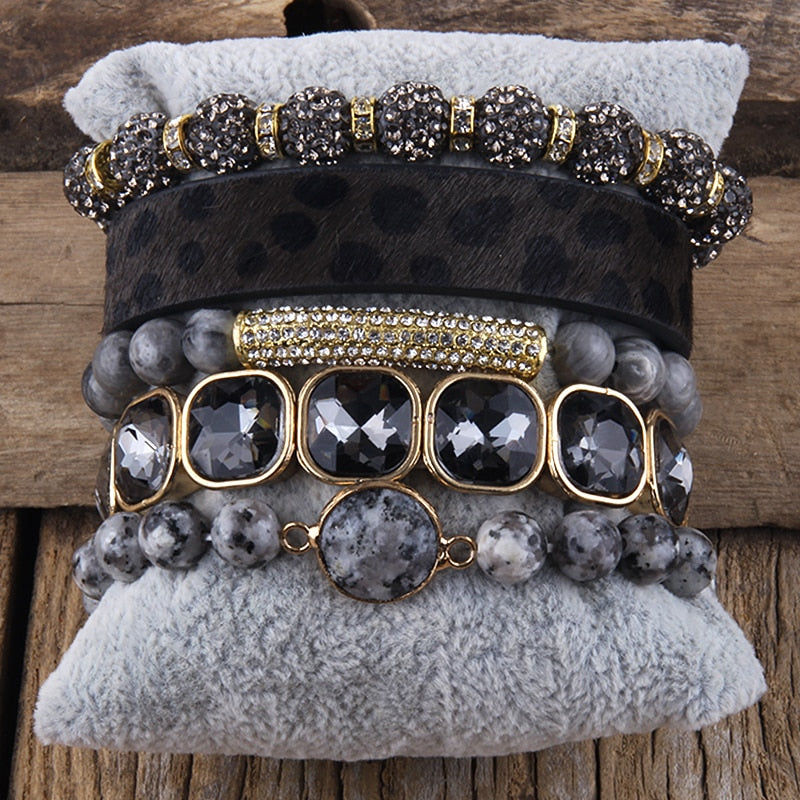 RH Fashion leopard Leather Bracelet Set 5pc Handmade Natural Stone Female Femme Bracelets Sets For Women Jewelry DropShipping