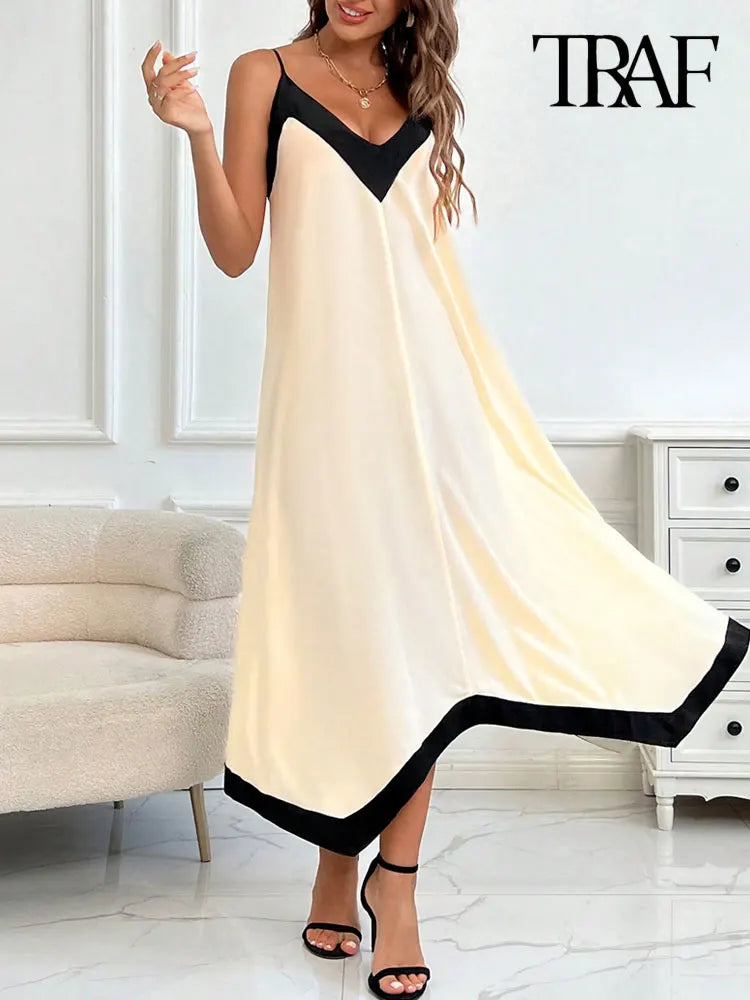 TRAF-Women's Asymmetrical Semi-Sheer Midi Dress, V Neck, Thin Straps, Female Dresses, Patchwork, Sexy Fashion