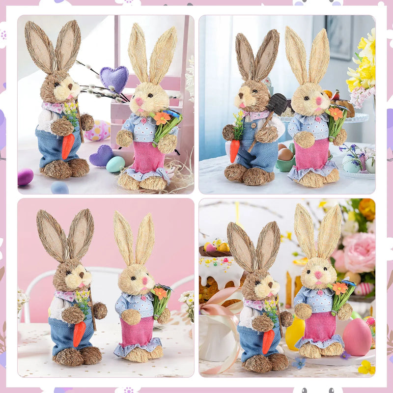 2PCS Straw Rabbit 2025 Easter Bunny Ornament Party Decorations Holiday Home Garden Wedding Decor Crafts Photo Props 25/35cm