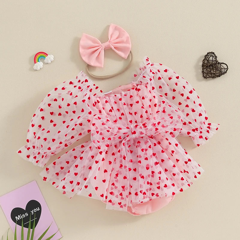 FOCUSNORM 0-18M Infant Baby Girls Valentine's Day Romper Dress Heart Print Long Puff Sleeve Mesh Tulle Jumpsuit + Bow Headband