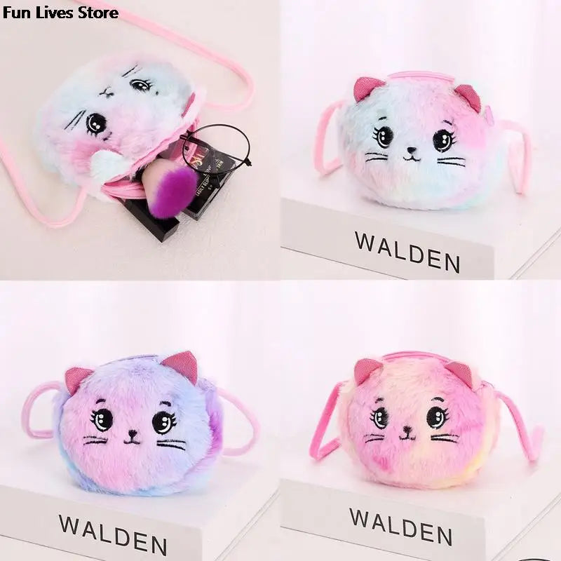 Rainbow Color Cat Shoulder Purse for Children Kids Mini Lovely Pockets Christmas Gift Plush Stuffed Dolls Handbags Soft Bags