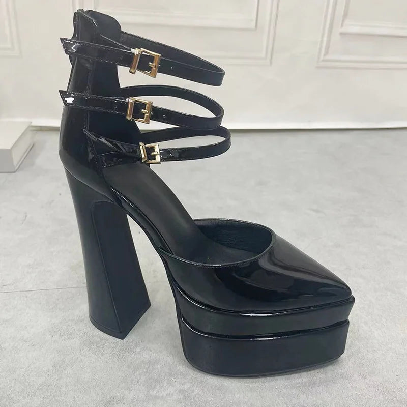 Sexy Pointed Toe Buckle Platform Super High Heels Sandals for Women 2023  leather Party Shoes Woman Pumps