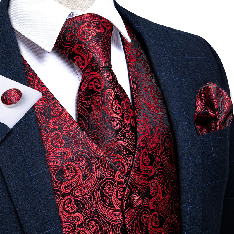 Dibangu Classic Red Black Paisley Men's Suit Vest Necktie Pocket Square Cufflinks Set Formal Business Waistcoat for Man Wedding