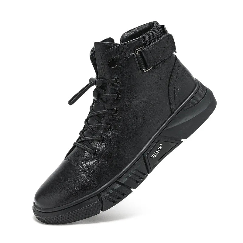 Ankle Boots Black PU Leather Men Shoes Autumn Winter Comfortable High-top Casual Shoes 2022 Fashion Leahter Platform Boots Man