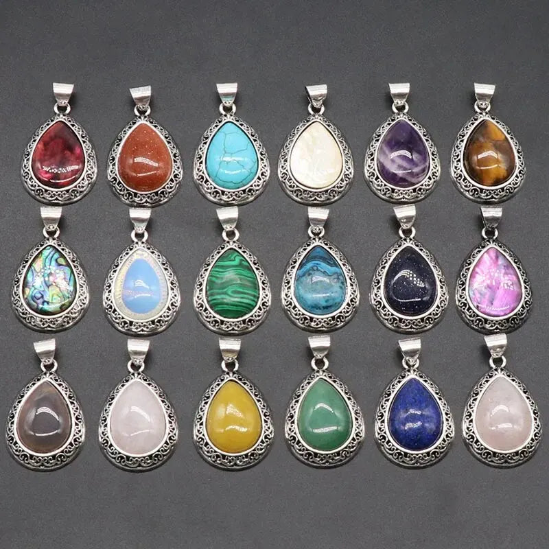 2pcs/Set 39x27mm Natural Stone Crystal Water Drops Pendant Alloy Electroplate Tiger Eye Amethyst Quartz Abalone Bebey Necklace