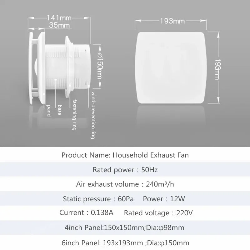 220V Ventilator Extractor Wall Mounted 4 Inch Exhaust Fan Low Noise Home Bathroom Kitchen Garage Air Vent Ventilation