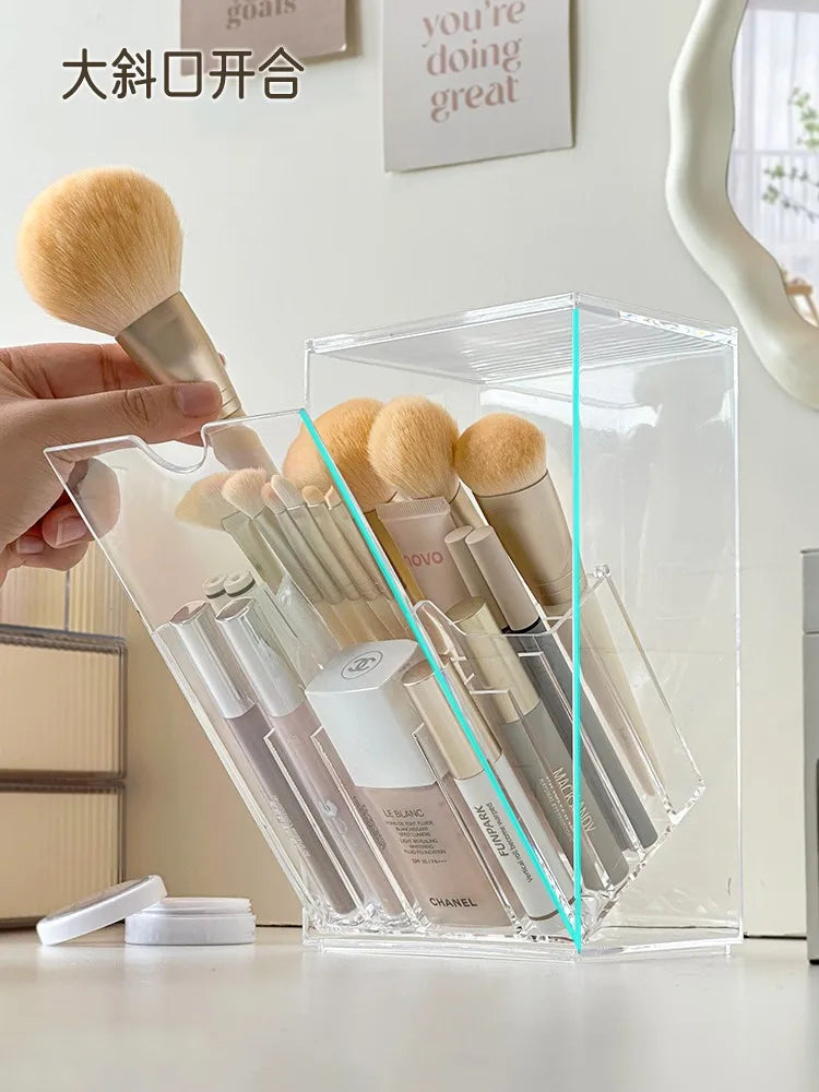 Large Capacity Makeup Brush Holder With Lid Acrylic Lipstick Holder Split Eyeshadow Eyebrow Brush Foundation Brush Storage Box