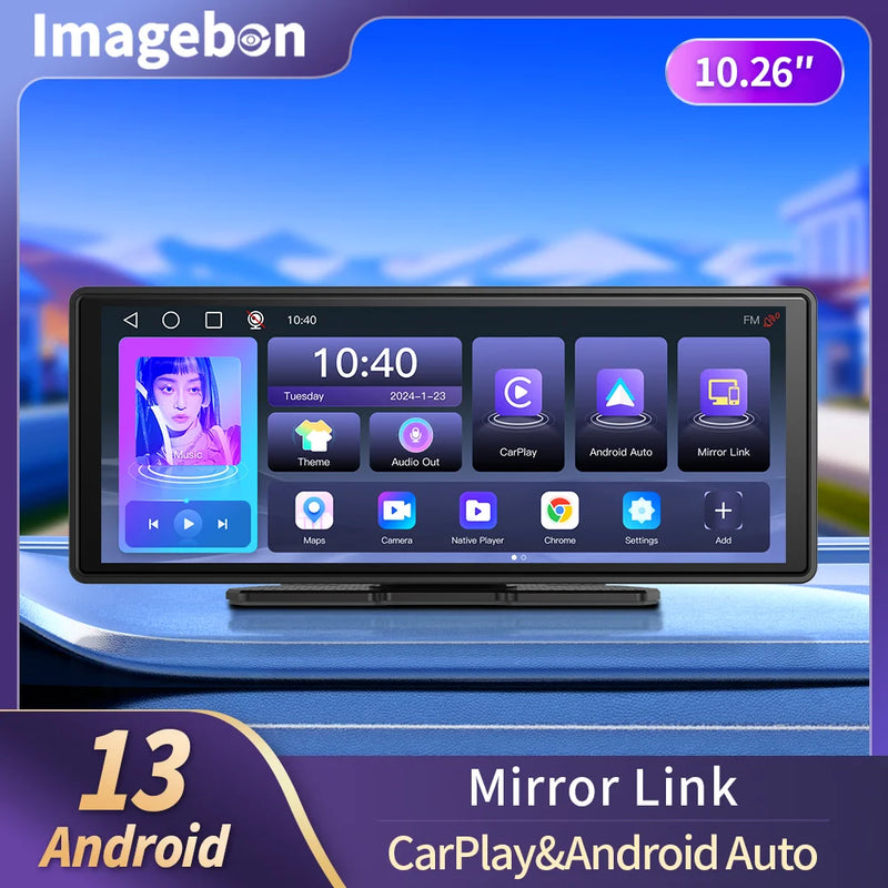 Imagebon 10"26 E20 Android 13 Rearview Mirror Camera Wireless CarPlay & Android Auto Dash Cam GPS Bluetooth AUX FM Car DVR