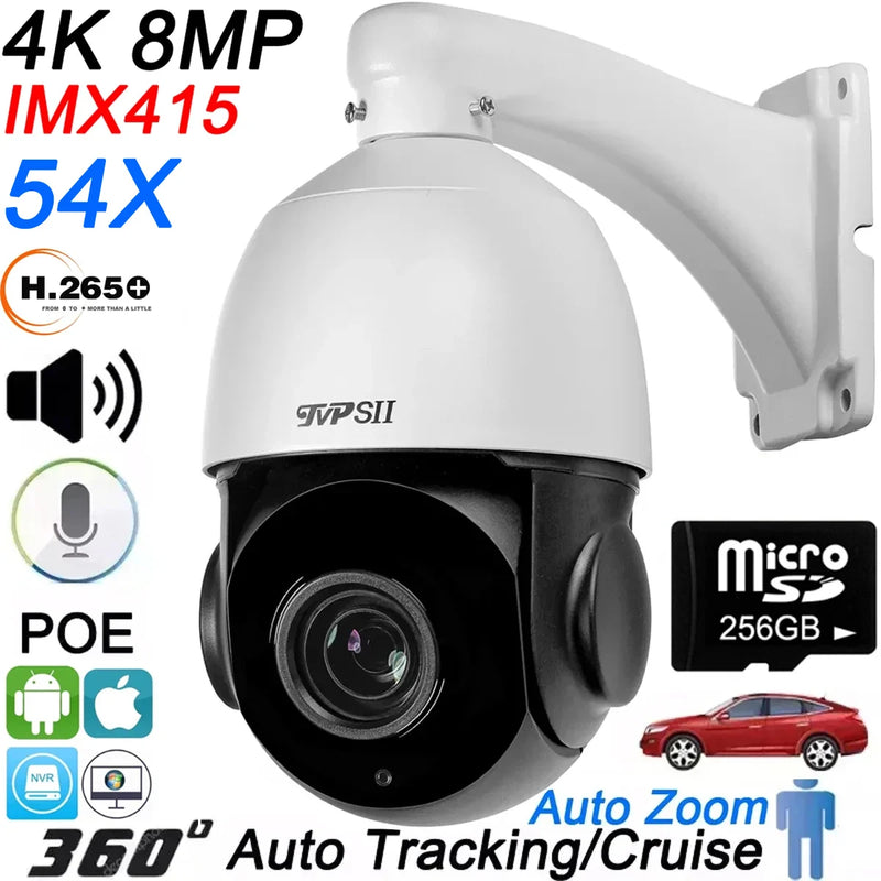 Auto Tracking 8MP IMX415 H.265+ 54X 15X Optical Zoom 360° Rotation Audio Outdoor ONVIF POE PTZ Speed Dome Surveillance Camera