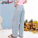 ELFSACK 2025 Summer New Arrivals Broken Hole Casual Wide Leg Loose Denim Pants For Women