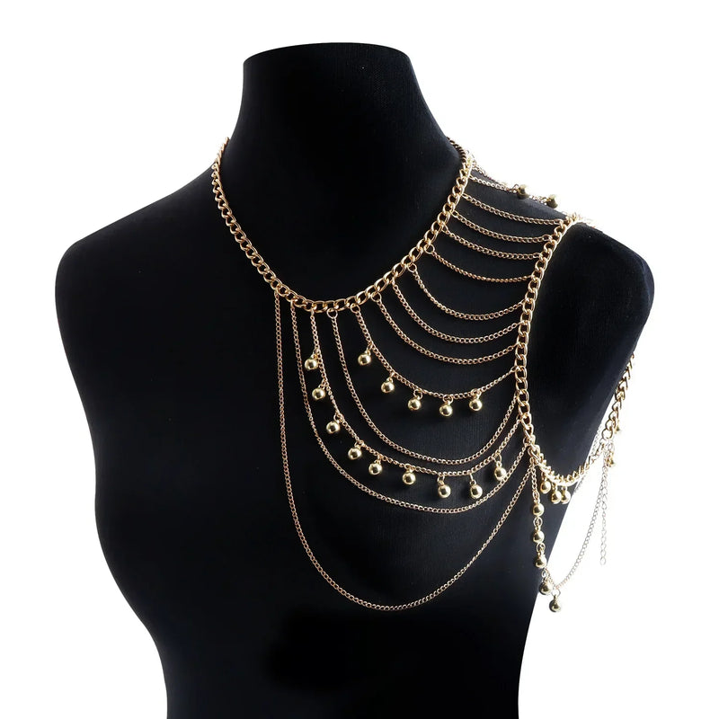 Fashionable Multi-layer Tassel Metal Ball Shoulder Chain Body Chain Personalized Spicy Girl Chest Chain Accessories