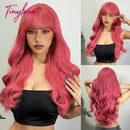 Burgundy Dark Red Synthetic Wigs Long Wavy Wine Red Cosplay Wig with Bangs for Women Natural Body Wave Halloween Heat Resistant