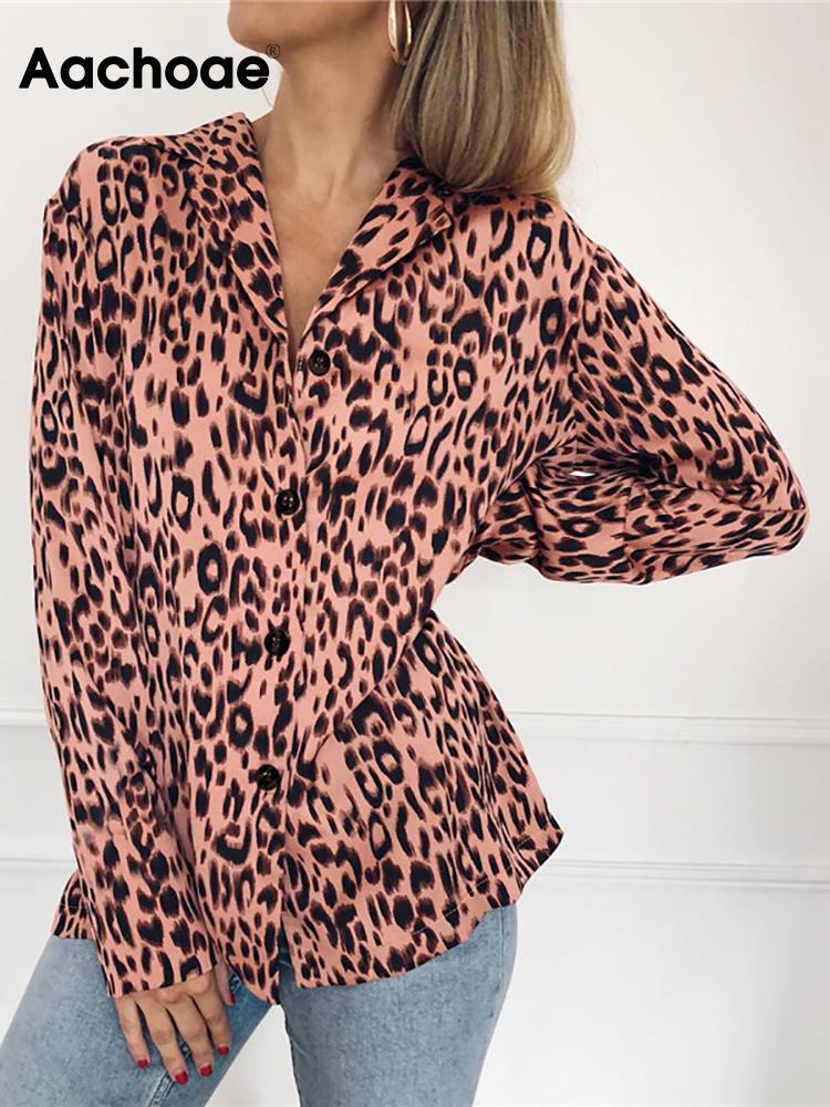 Aachoae Women Blouses Autumn Leopard Blouse Long Sleeve Turn Down Collar Lady Office Shirt Loose Tops Blusas Chemisier