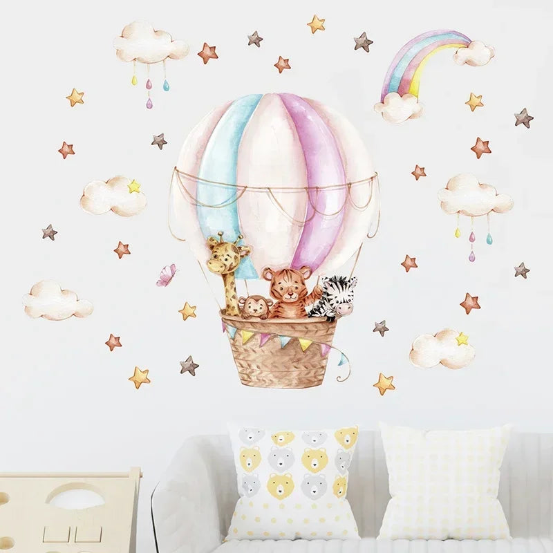 Watercolor Pink Hot Airballoon Cute Animals Cloud Rainbow Wall Stickers for Kids Room Baby Nursery Room Wall Decals Home Decor