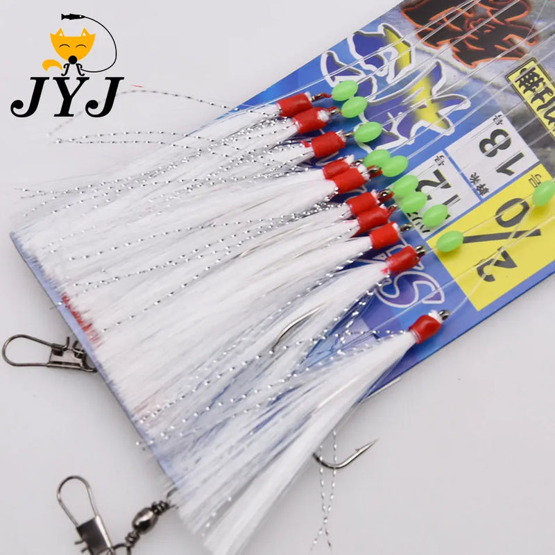 JYJ 10 hooks per bag Fishhooks String Hooks Sabiki Hook For Swivel Fishing sabiki Jig Head Luminous Beads