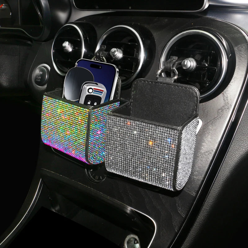 Crystal Diamond Car Vent Storage Box Auto Leather Organizer Cell Phone Glasses Key Card Holder Decor Car Accessories for Women