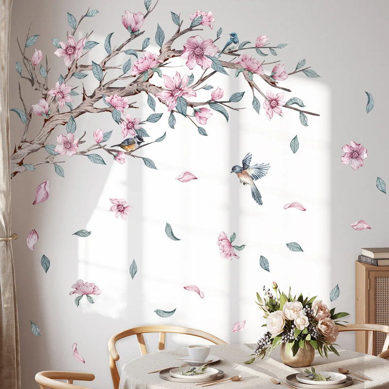 Fresh Branches Wall Sticker Butterflies Birds Wallpaper Pink Flowers Wall Sticker Living Room Bedroom Home Decor Decals Murals