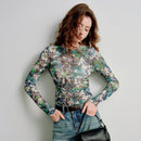 TOYOUTH Women Mesh Printed Sheer T-Shirts 2026 Spring New Trendy Niche Waist-Cinched American Y2K Crop Tops
