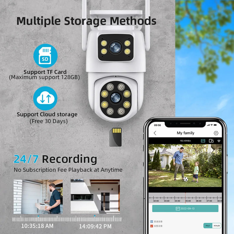 8MP Outdoor Surveillance Camera Dual Lens Dual Screen AI Auto Tracking IP Video Wifi PTZ Camera CCTV Two Way Audio