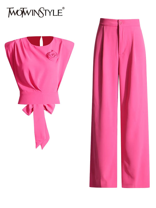 TWOTWINSTYLE Elegantes zweiteiliges Set für Damen O-Ausschnitt Ärmellose gespleißte Schnürweste Hohe Taille Weites Bein Hose Elegante Sets Weiblich