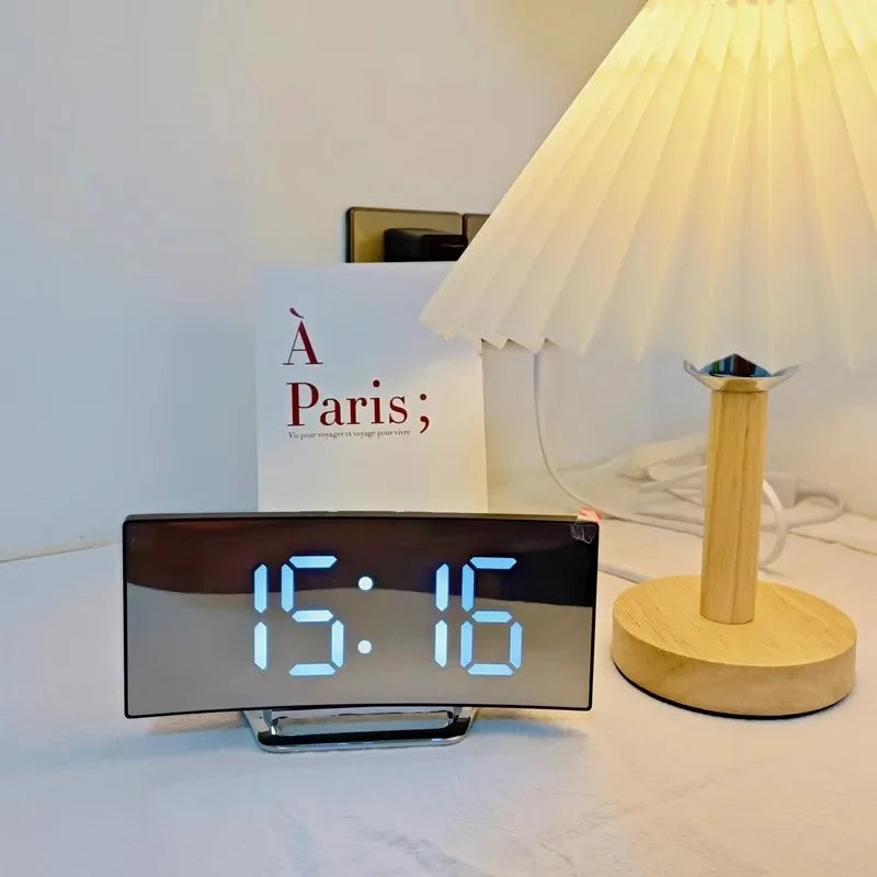 LED Digital Alarm Clock Curved Screen Mirror Silent Electronic Clock Bedroom Desktop Large Screen Home Decor Supplies