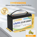 LiFePO4 Battery 12V 100Ah BMS100A Rechargeable Lithium Battery Pack For Inverter Solar Off-Road Off-grid Solar Energy Deep Cycle