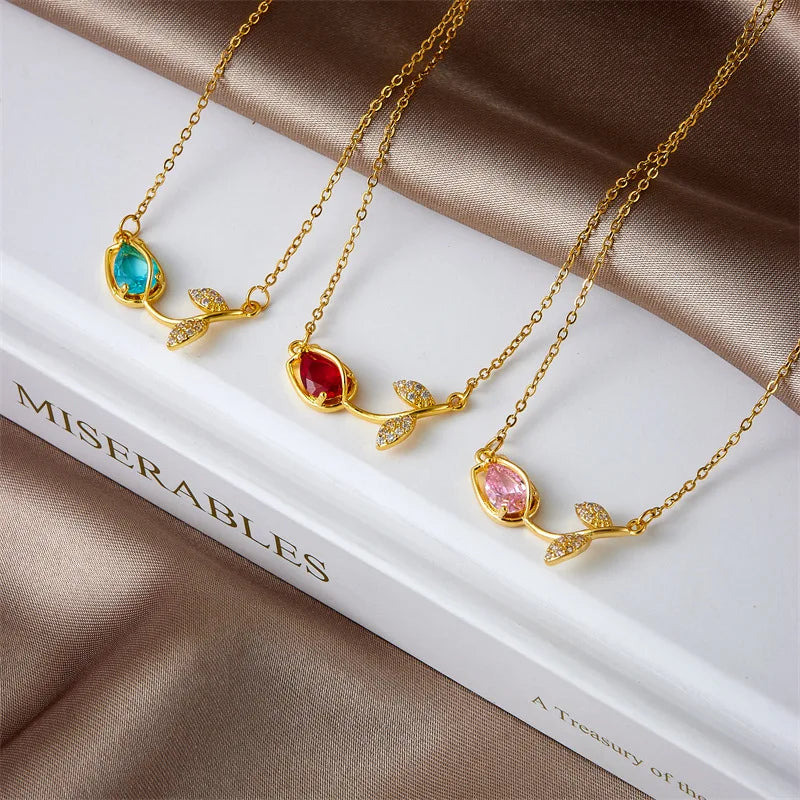 Sweet Colorful Zircon Tulip Pendant Necklaces for Women Girls Stainless Steel Trendy Romantic Jewelry Accessories Gifts