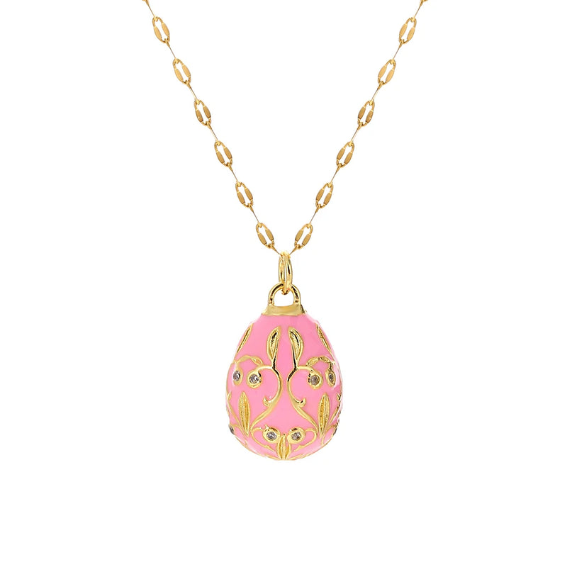 Greatera Colorful Enamel Easter Egg Pendant Necklaces for Women Guilloche Locket Egg Gold Plated Chain Necklaces Party Jewelry