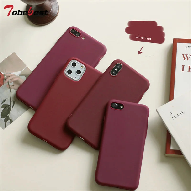 Wine Red Matte Phone Case For iphone 14 13 12 11 Pro XS Max XR X 8 7 6S 6 Plus SE 5 5S Silicone Cases Solid Color Soft TPU Cover