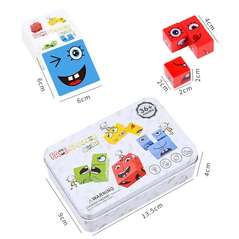 Kids Montessori Toys DIY Face Emoticon Change Cube Wooden Blocks with 64 pcs Cards Learning Education Toy