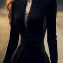 OCEANLOVE Autumn Winter Dresses for Women Hepburn Style Vintage Solid Black Vestidos Mujer Stand Collar Elegant Long Dress