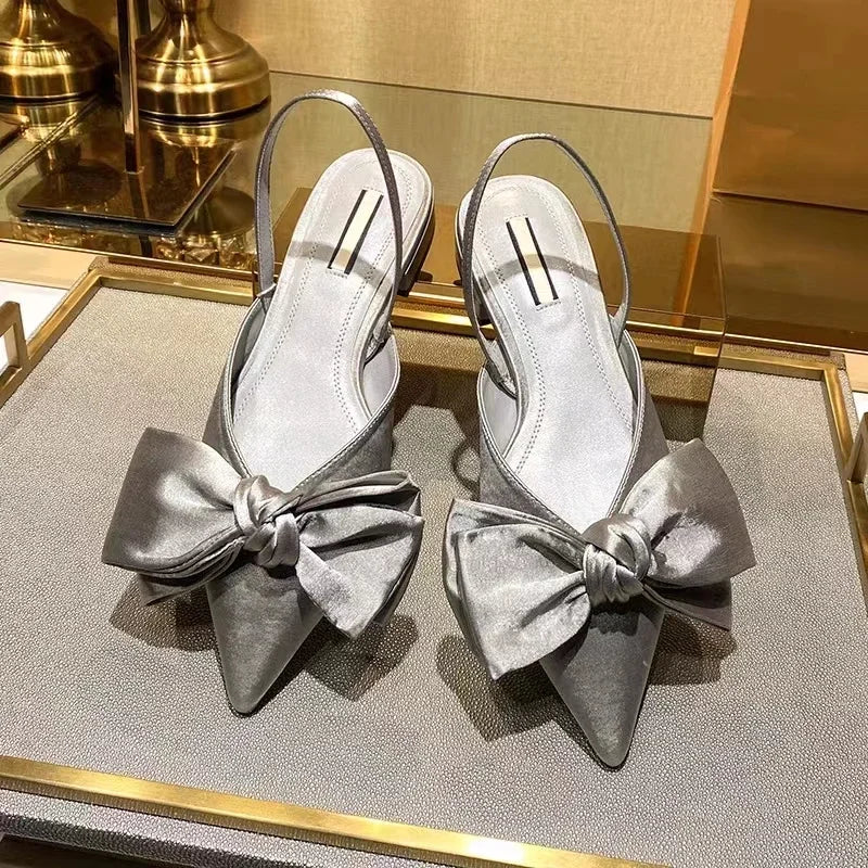 2023 Fashion Shoes Female One Pedal Women's Pumps Summer Pointed Toe Bow Tie Sexy Dress Party Shoes Ladies Shallow Chunky Heels