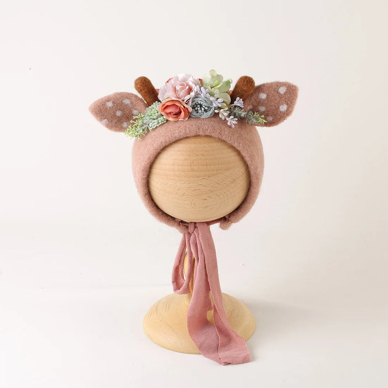 Newborn Wool Felt Fox Flower Bonnet Newborn Photography Props Baby Animal Floral Garden Hat Photo Shoot