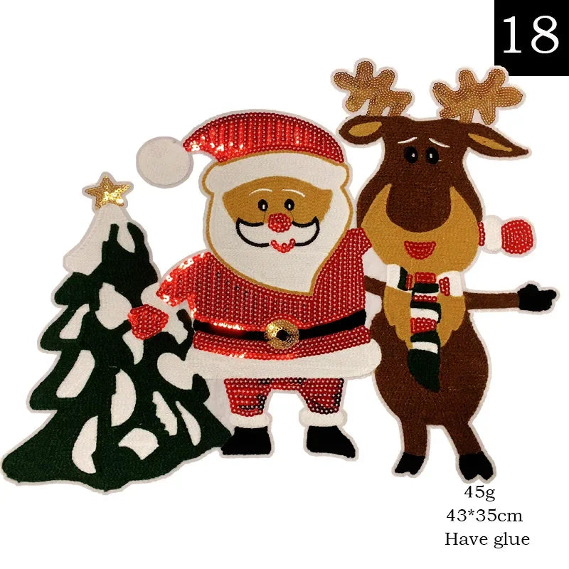 Big Sequined Christmas Appliques Bear Reindeer Santa Snow Tree Cartoon Iron on Patches Festival Decorative Stickers for Clothing