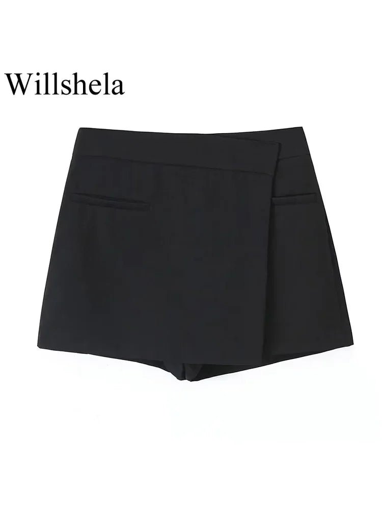 Willshela Women Fashion Solid Side Zipper Asymmetrical Mini Skirts Shorts Vintage High Waist Female Chic Lady Shorts