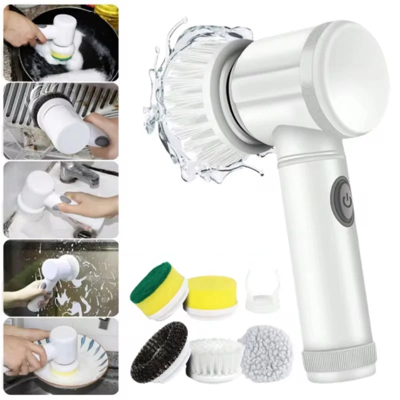 5 in 1 Electric Cleaning Brush Bathroom Kitchen Scrubber 5 Replaceable Brush Head Powerful Handheld Rechargeable Shower Scrubber