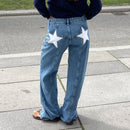 Women Fashion Jeans Star Pattern Loose Denim Pants Spring Fall Casual Low Waist Trousers Wide Leg Pants