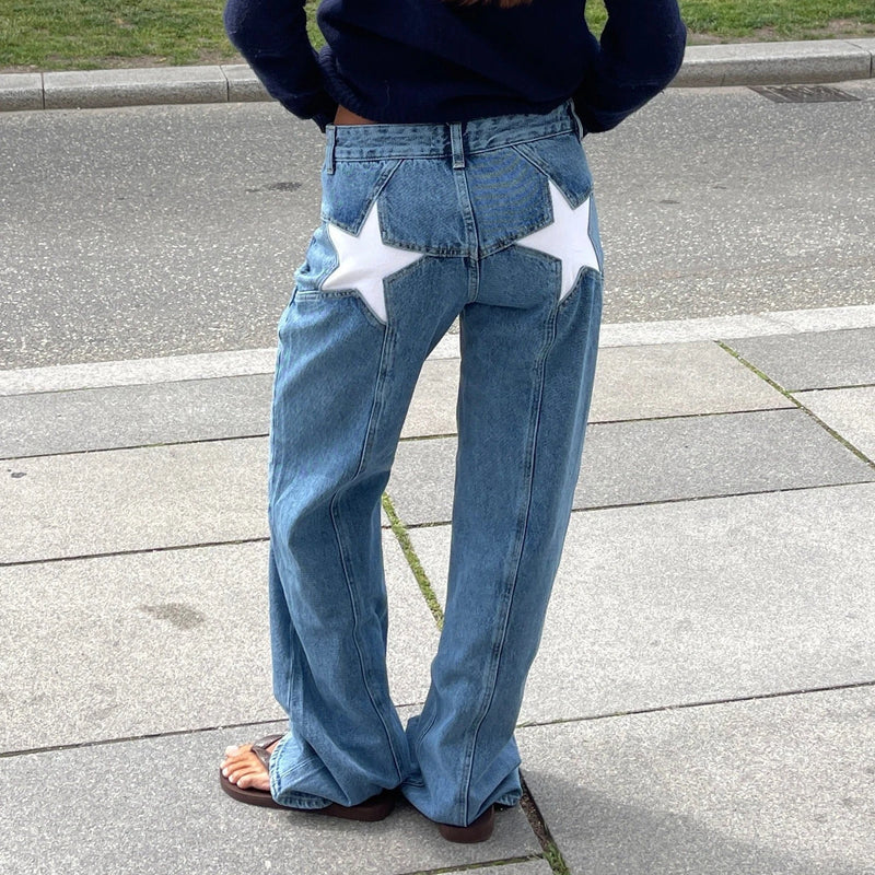 Women Fashion Jeans Star Pattern Loose Denim Pants Spring Fall Casual Low Waist Trousers Wide Leg Pants