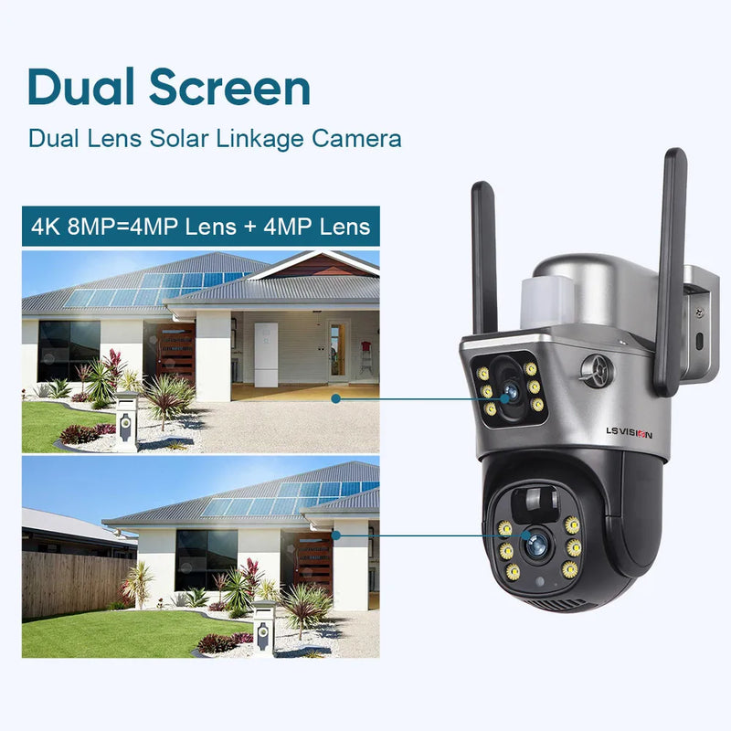 LS VISION Dual Screen 8MP WiFi Solar Camera Dual Lens Battery WiFi PTZ Cam Human Auto Tracking Motion Detection Security Cameras