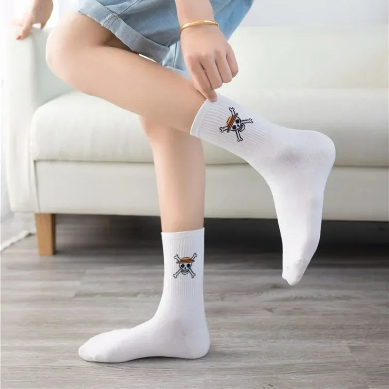 5Pair Anime One Piece Socks Cartoon Luffy Chopper Student Cotton White Long Short Boat Socks Printed Knitted Socks Children Gift