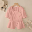 2025 ZANZEA Elegant Puff Sleeve Work Blouses Women Summer Shirts Square Neck Stylish Solid Buttons Tunic Tops Waisted OL Blusas