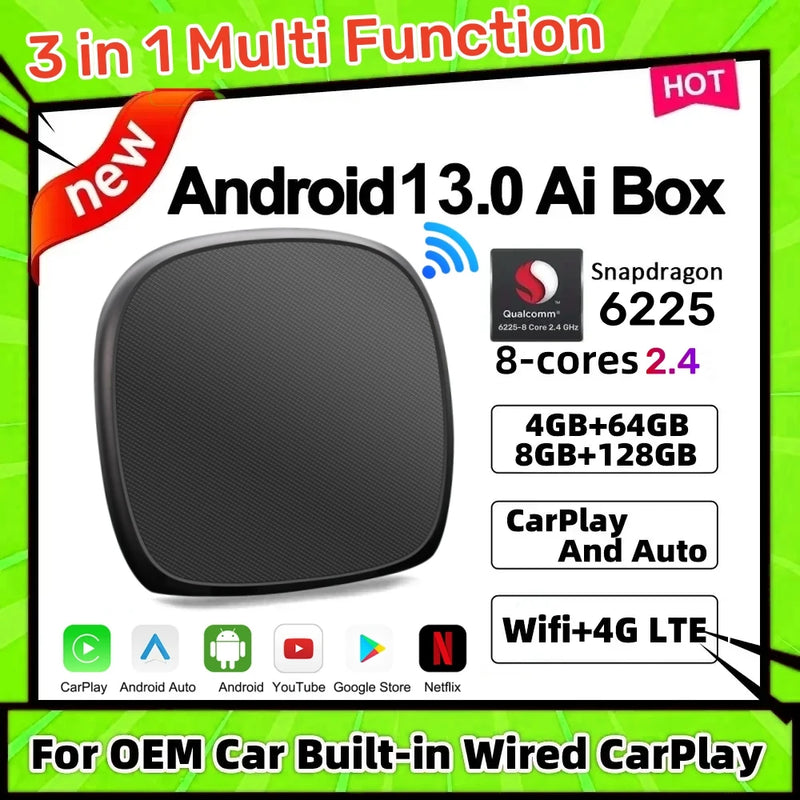 CarPlay Ai Box Qualcomm 6225 8-Core CPU Android 13.0 Wireless CarPlay Android Auto For OEM Car Built-in Wired Apple CarPlay