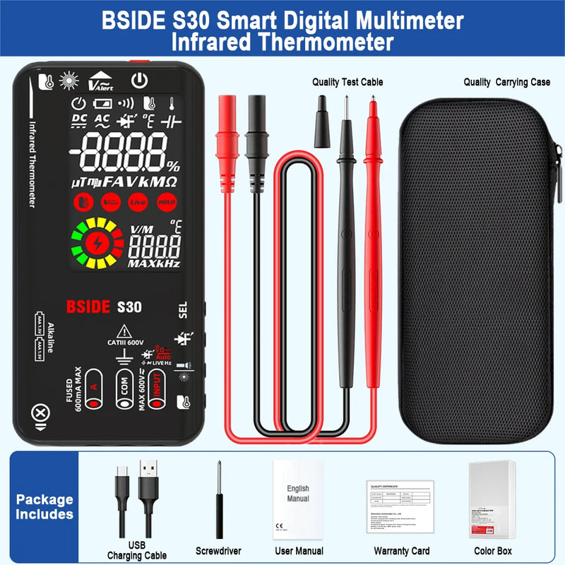 BSIDE S30 Digital Multimeter Infrared Temperature Measurement 15V Diode LED Tester DC AC Voltage Rechargeable Smart Tester DMM