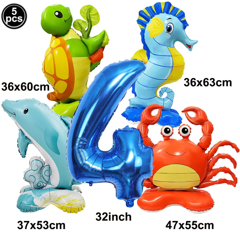 5pcs Cute Sea Animal Balloons Include Crab Seahorse Dolphin Turtle Shape Balloon Under The Sea Party Decors for 1st Birthday